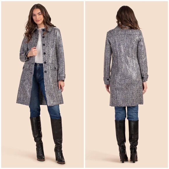 💕TRINA TURK💕 Denali Coat ~ Indigo Chevron Print with Clear Laminate 12 NWT - Picture 1 of 15
